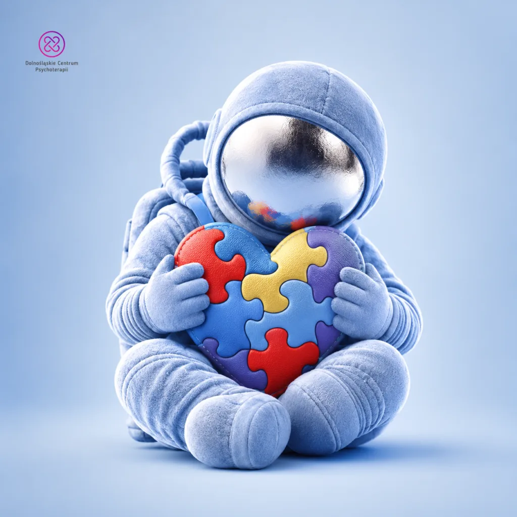 Wiarygodność ADOS-2: astronauta-maskotka przytula serce z kolorowych puzzli