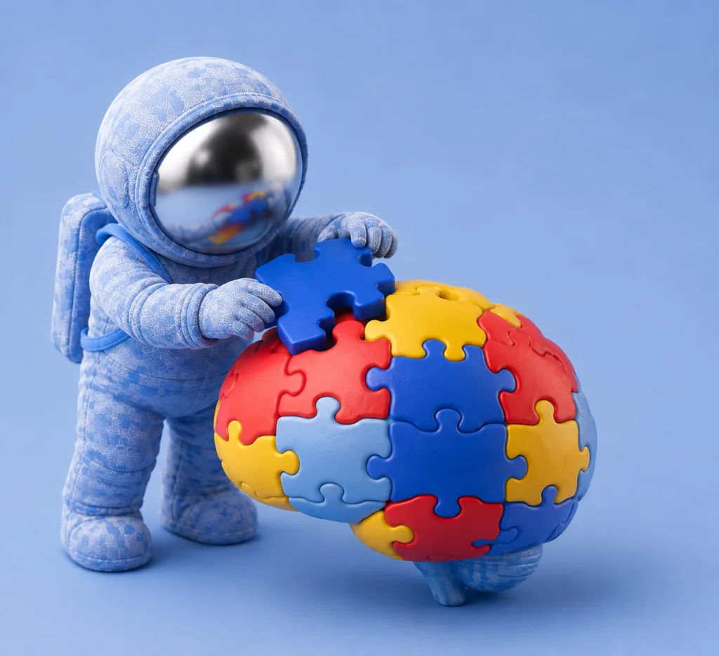 Cennik diagnozy autyzmu: astronauta-maskotka przy dużym jaju ułożonym z kolorowych puzzli