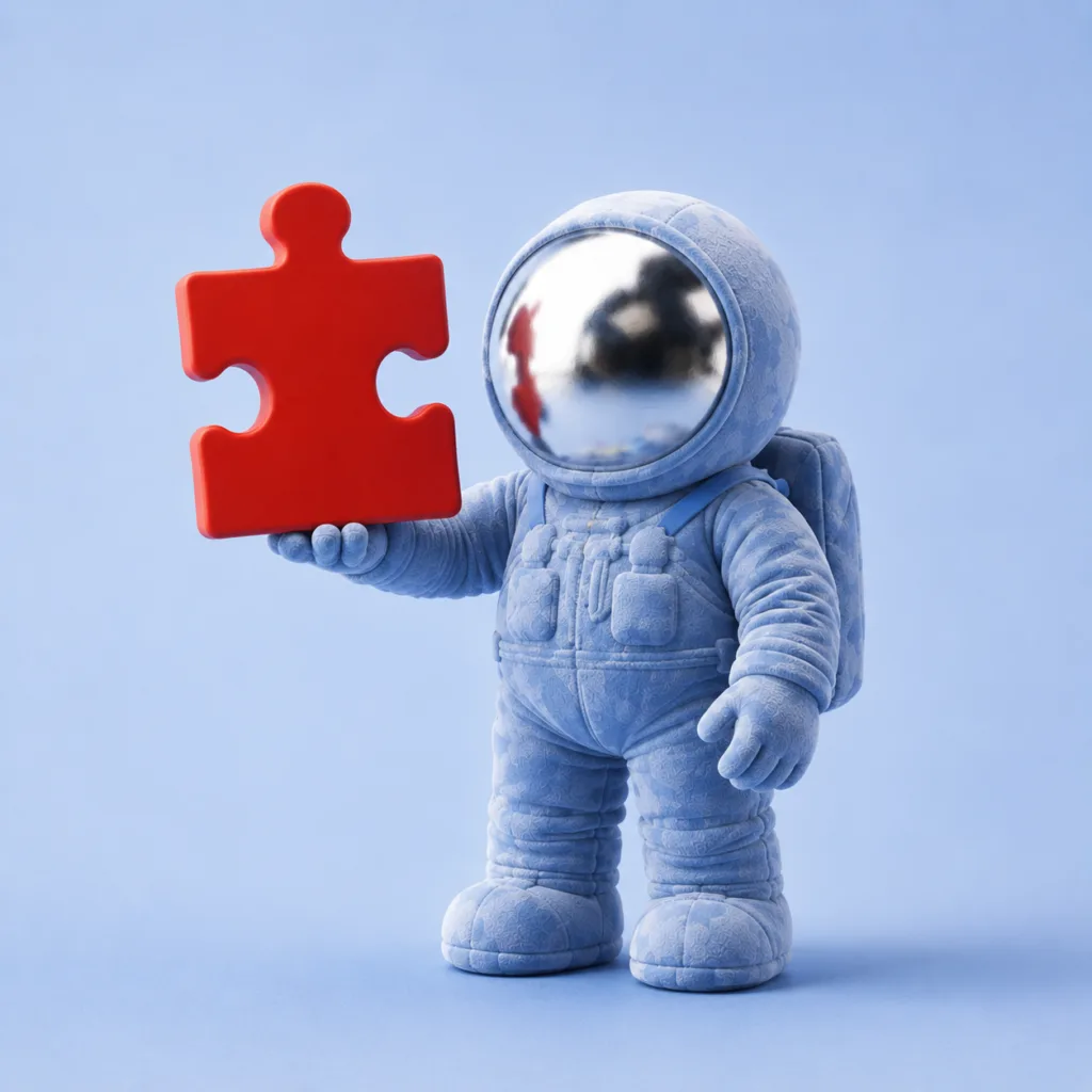 Narzędzia wspierające diagnozę autyzmu: astronauta-maskotka trzyma duży czerwony element puzzli