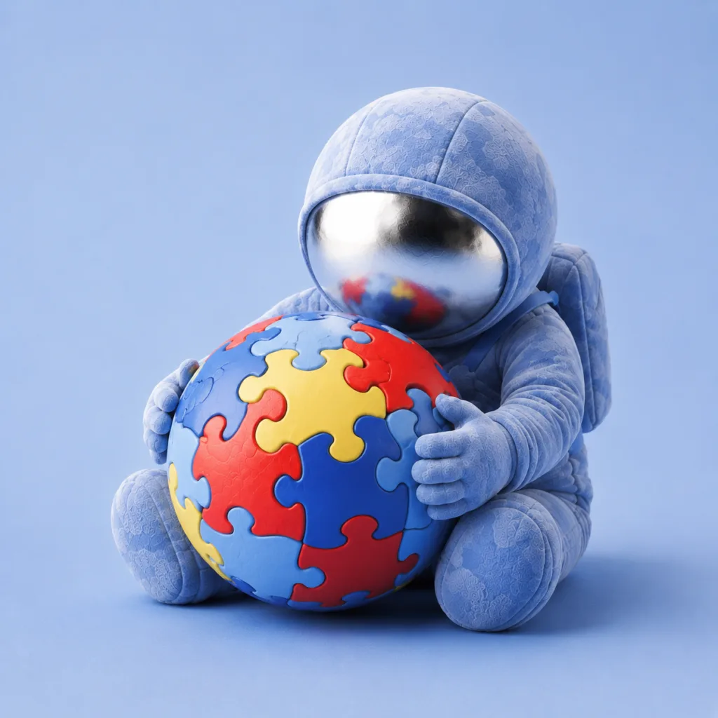 Badanie ADOS-2: astronauta-maskotka obejmuje kulę ułożoną z kolorowych puzzli