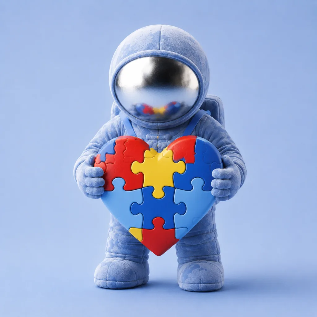 Podejście diagnostyczne autyzm: astronauta-maskotka trzyma serce ułożone z kolorowych puzzli