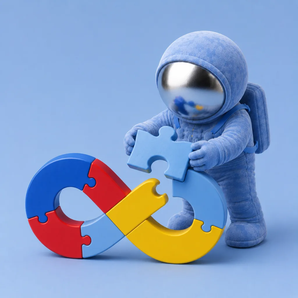 Spektrum autyzmu: astronauta-maskotka układa z kolorowych puzzli symbol nieskończoności, znak neuroróżnorodności