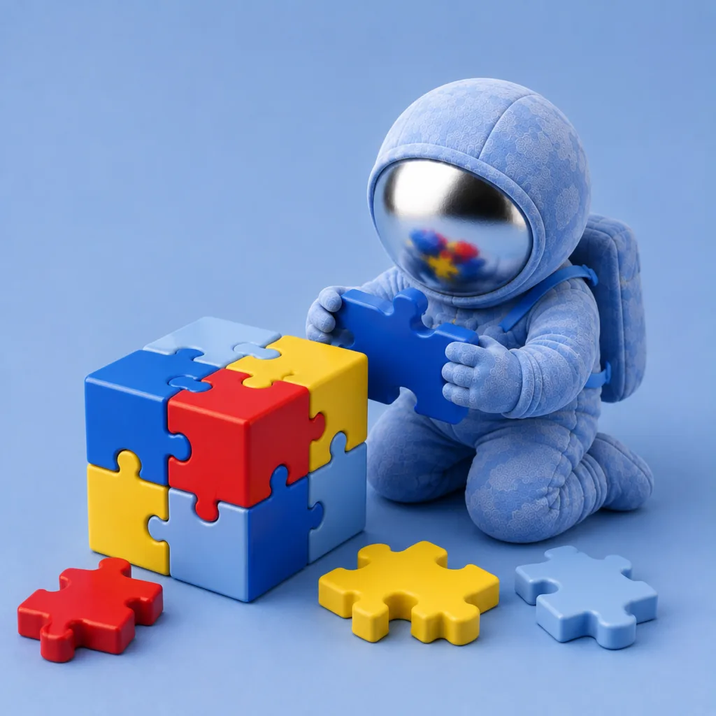 Moduły ADOS-2: astronauta-maskotka układa kolorowe klocki-puzzle