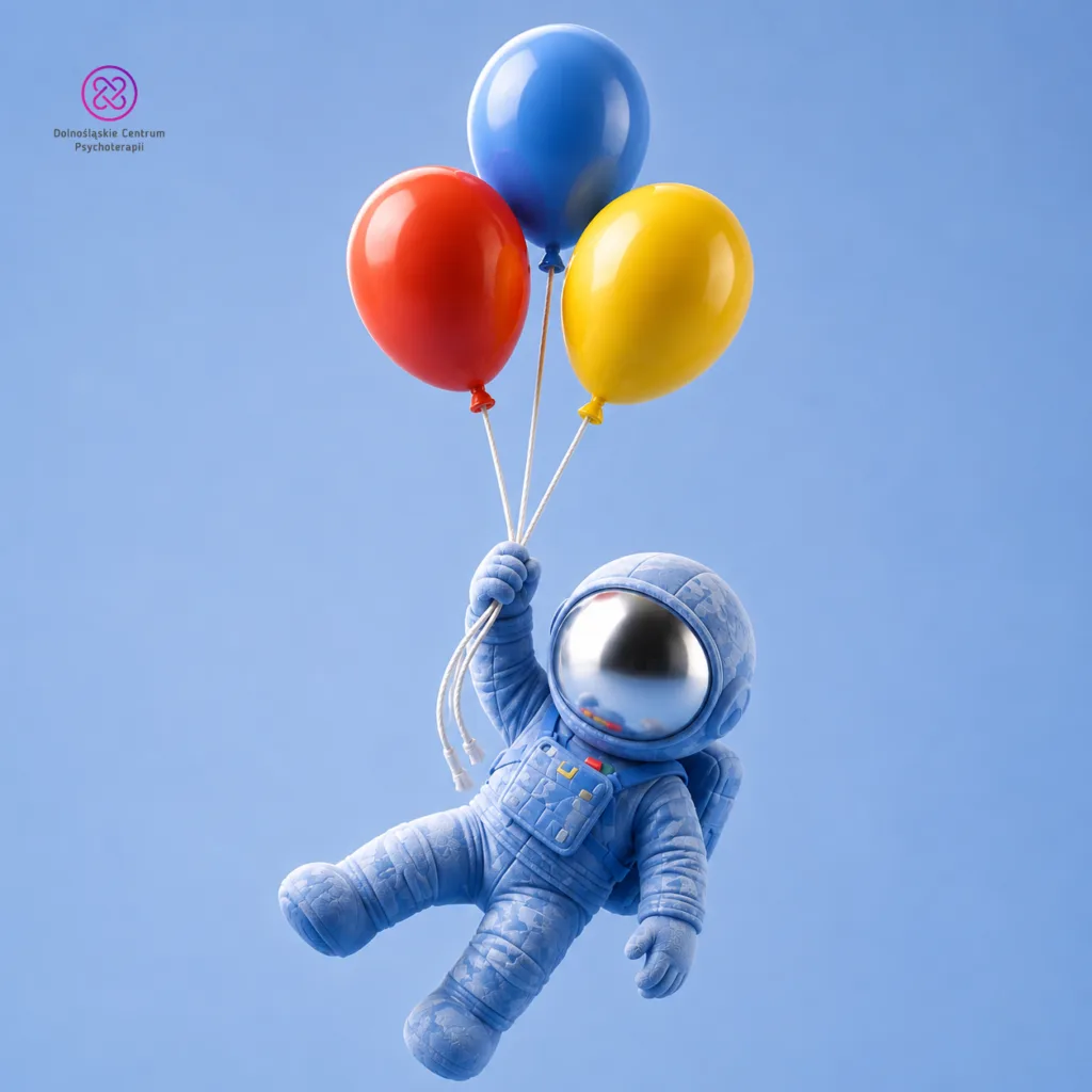 Diagnoza autyzmu Wrocław: astronauta-maskotka unosi się na kolorowych balonach