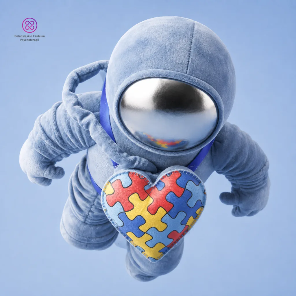 ADOS-2 dla dorosłych: astronauta-maskotka unosi się w przestrzeni, trzymając serce z kolorowych puzzli