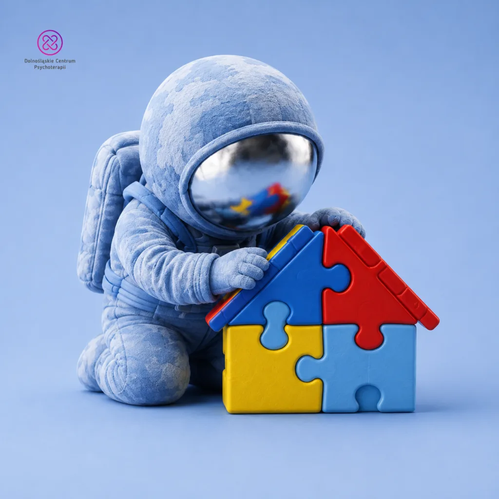 Autyzm orzeczenie: astronauta-maskotka buduje dom z kolorowych puzzli