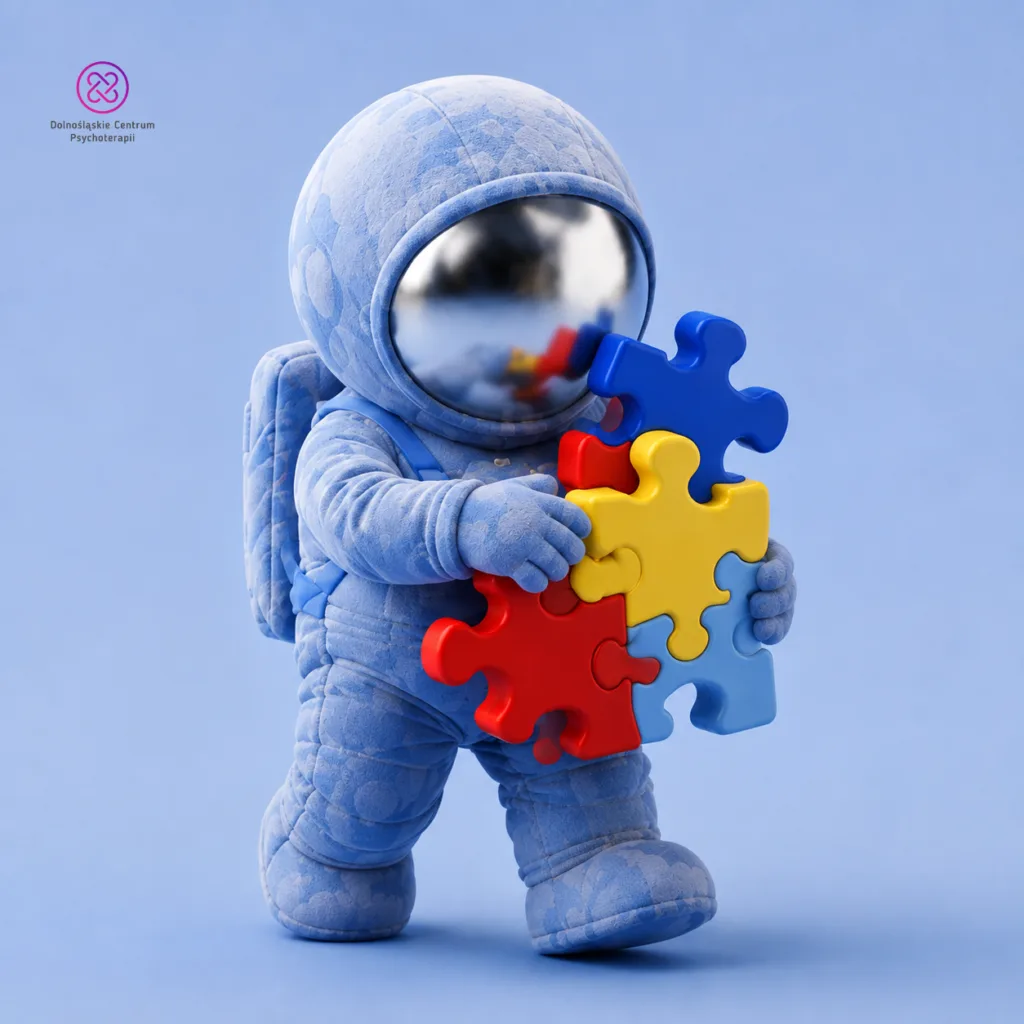 Co ocenia ADOS-2: astronauta-maskotka trzyma w dłoniach kolorowe puzzle