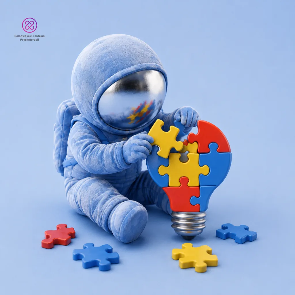 Wyniki ADOS-2: astronauta-maskotka układa żarówkę z kolorowych puzzli