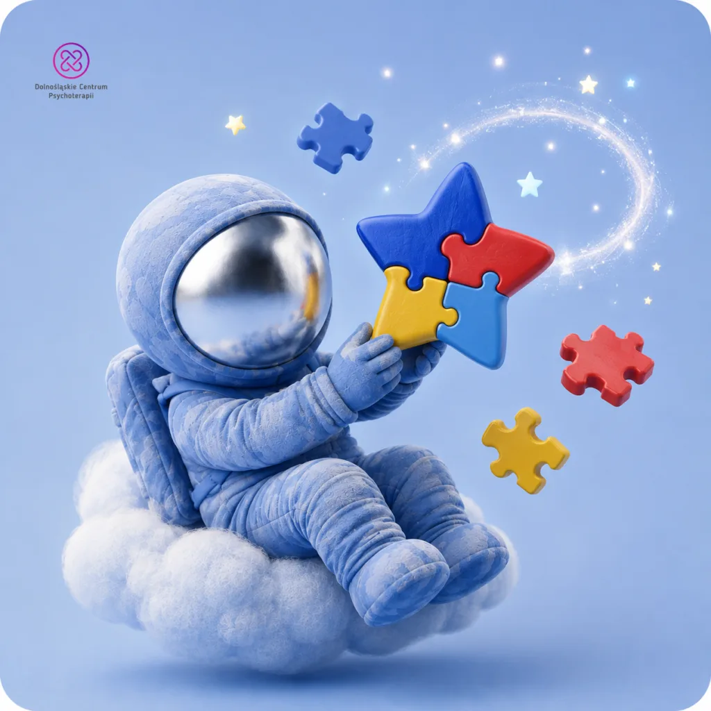 Czym jest ADOS-2: astronauta-maskotka siedzi na chmurce i trzyma gwiazdę z kolorowych puzzli