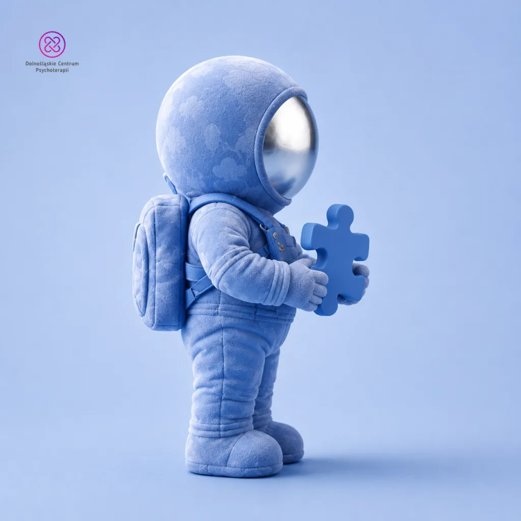 Czy ADOS-2 wystarczy do diagnozy: astronauta-maskotka trzyma w dłoni niebieski element puzzli