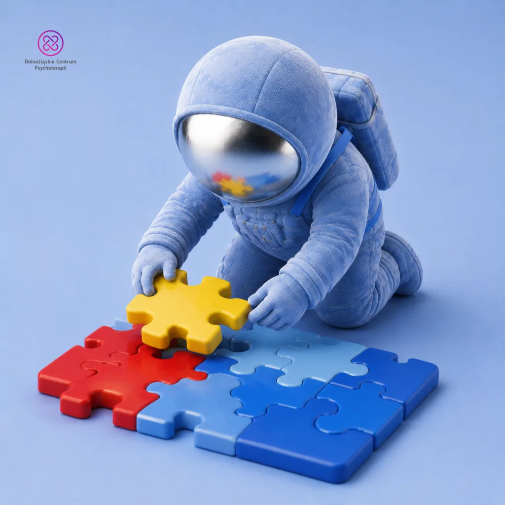 Jak wygląda badanie ADOS-2: astronauta-maskotka układa kolorowe puzzle na podłodze podczas zabawy