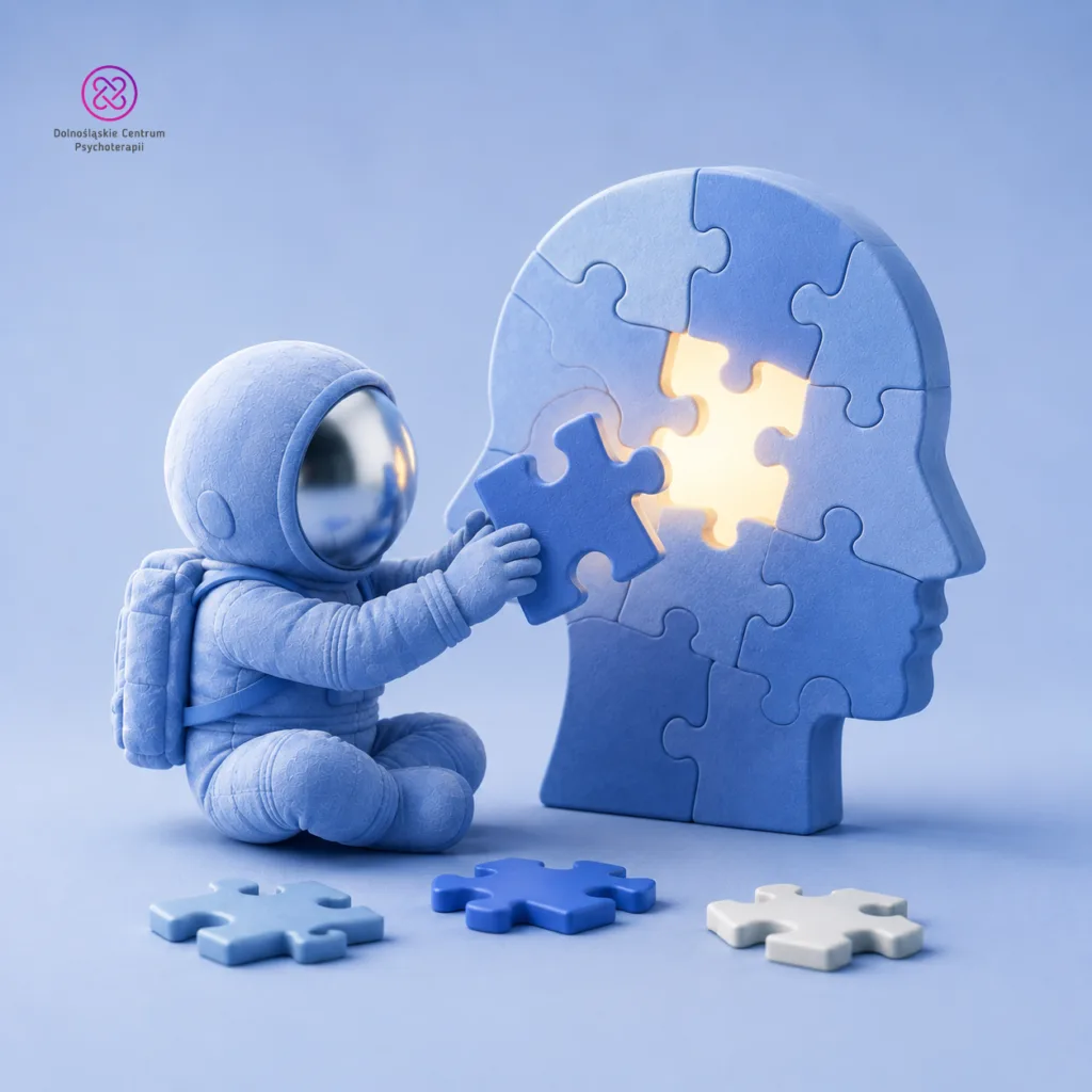 Fakty i mity o ADOS-2: astronauta-maskotka wkłada świecący puzzel w zarys ludzkiej głowy