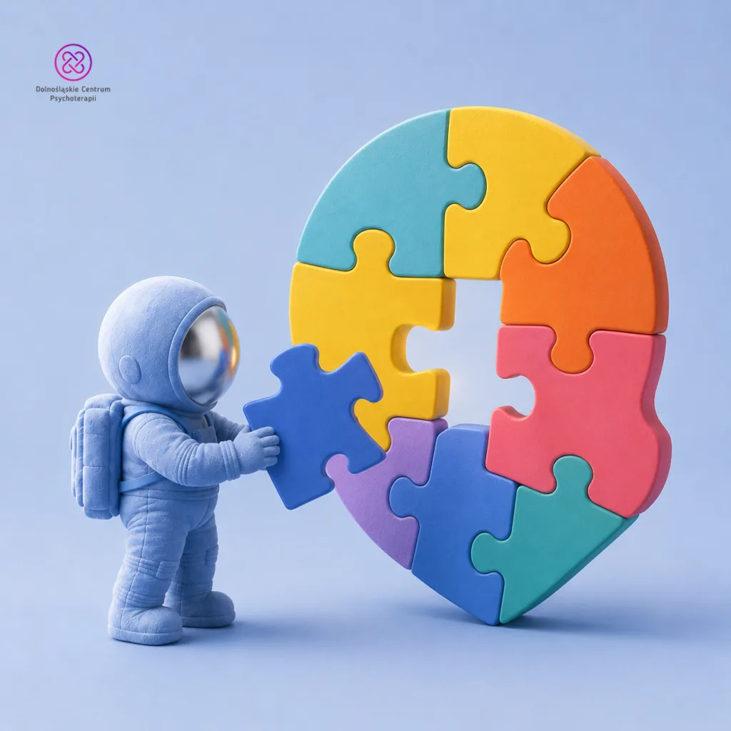 Autyzm: astronauta-maskotka dokłada element do głowy ułożonej z kolorowych puzzli