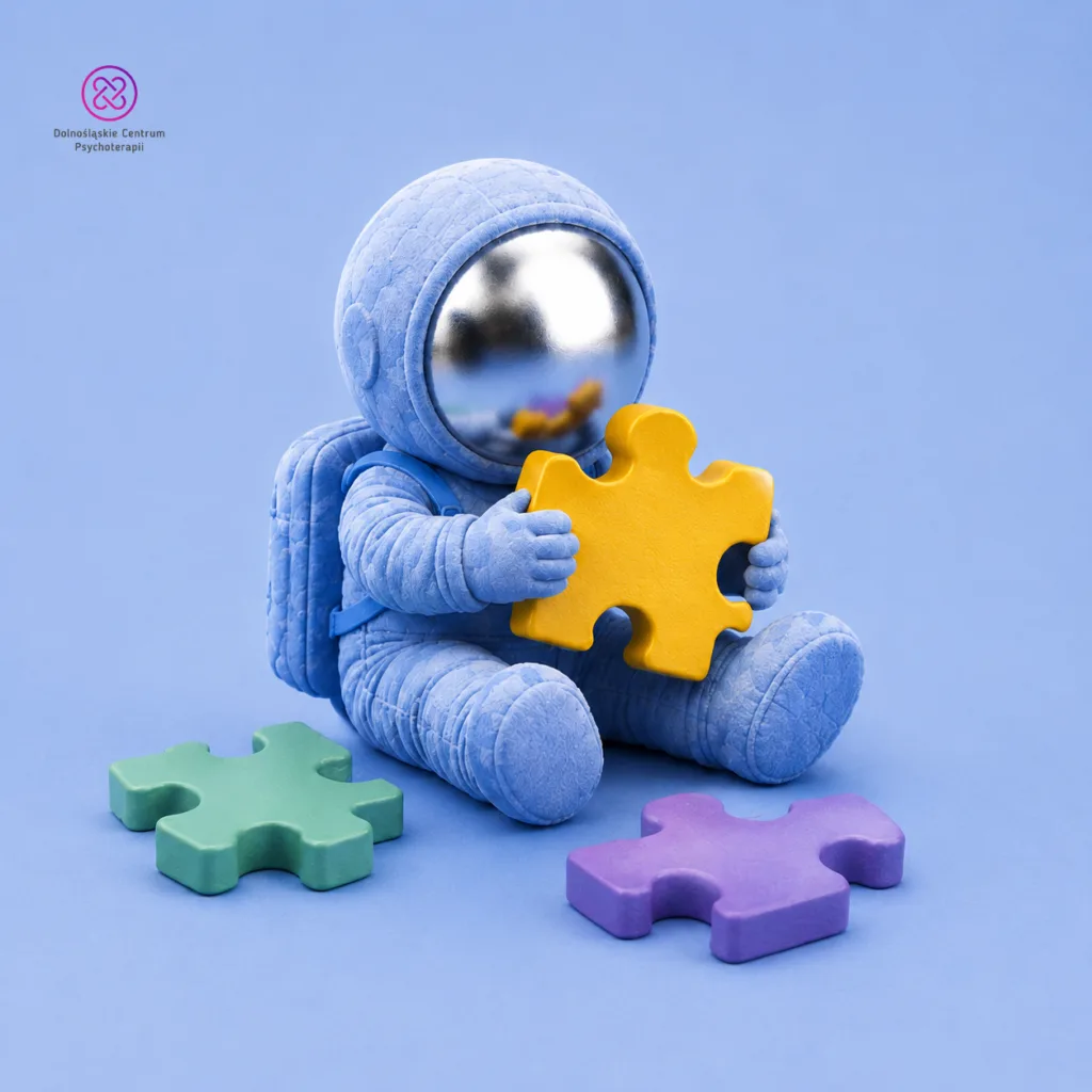 Objawy autyzmu: astronauta-maskotka trzyma żółty puzzel, obok leżą kolorowe elementy układanki
