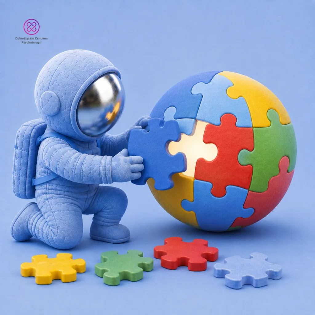 Współwystępowanie autyzmu: astronauta-maskotka układa kulę z kolorowych puzzli