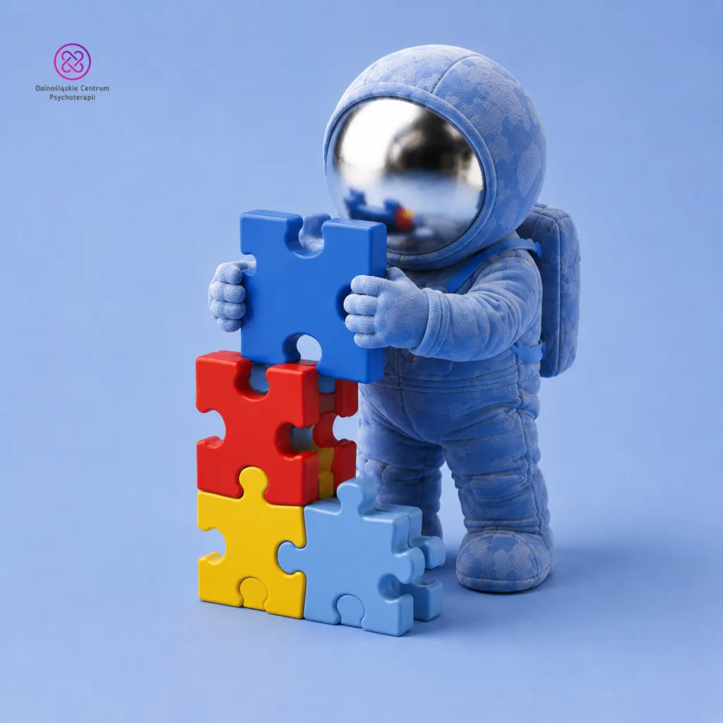 Etapy diagnozy autyzmu: astronauta-maskotka buduje wieżę z kolorowych puzzli